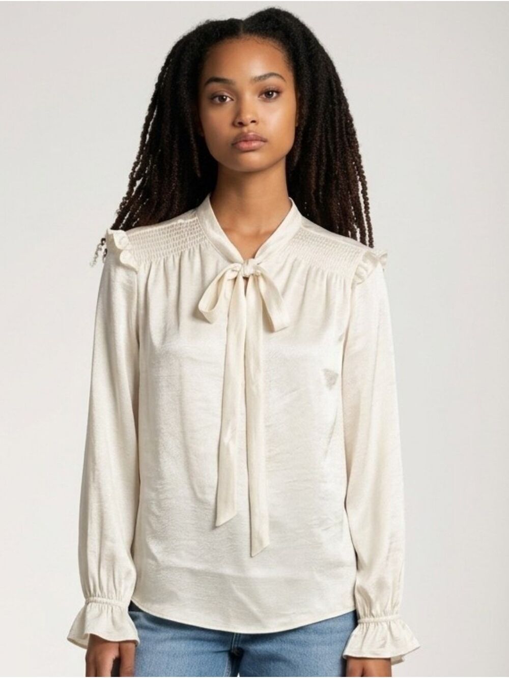 Calvin Klein Cream Tie Neck Long Sleeve Blouse Women's Small